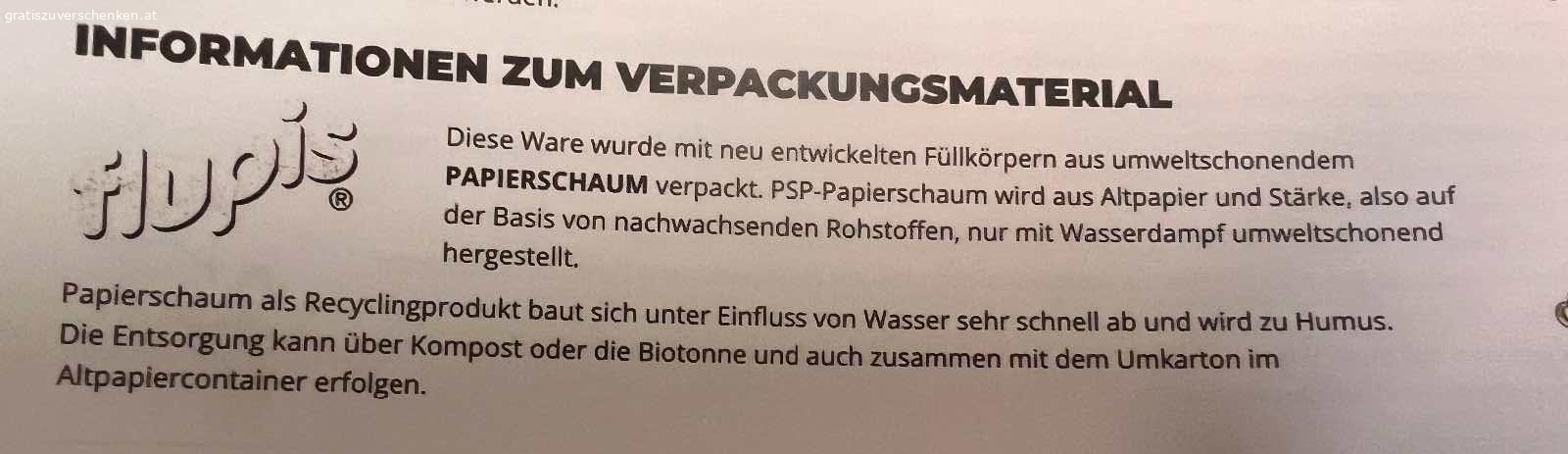 Füllmaterial ökologisch 3 Säcke. Bestehen aus Papier und Maisstärke. 
Wasserlöslich und kompostierbar.